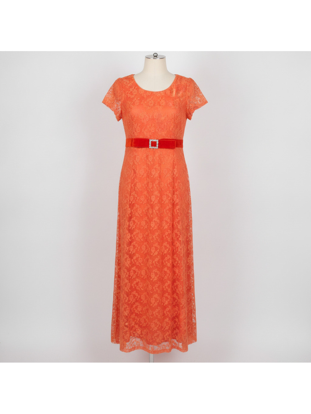 Vintage 60’s 70’s handmade Orange Lace Maxi Dress gown Rhinestone xs empire